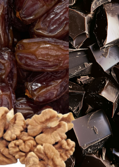 Kollage med närbilder på valnötter, mörk choklad och dadlar.