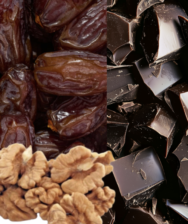 Kollage med närbilder på valnötter, mörk choklad och dadlar.