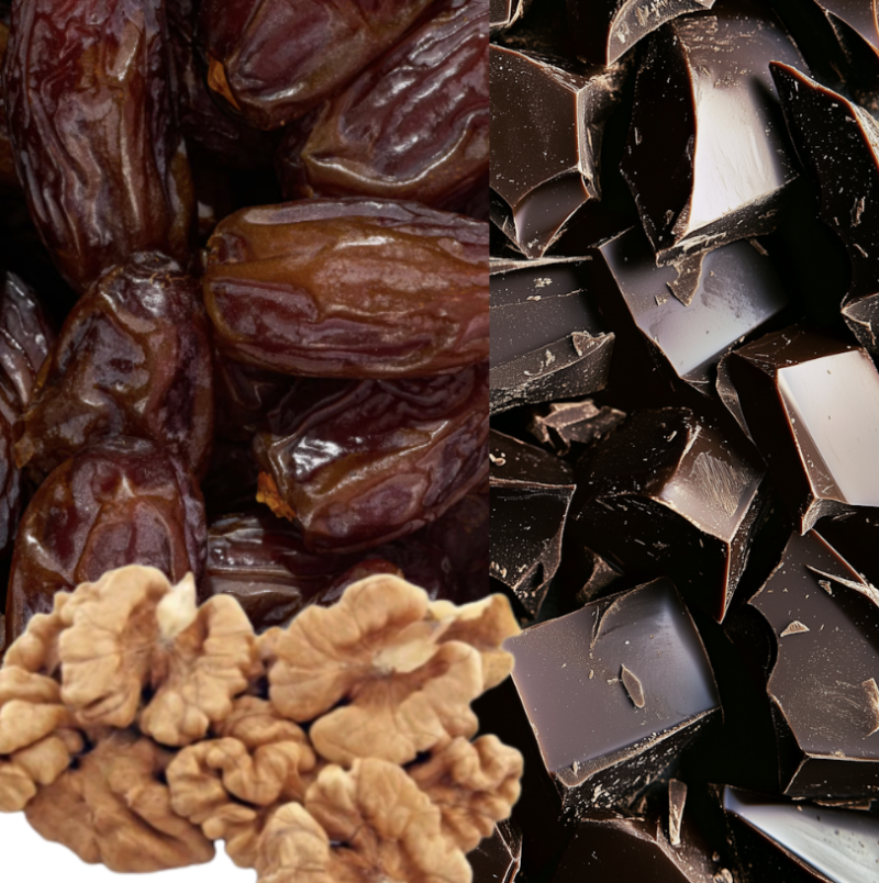 Kollage med närbilder på valnötter, mörk choklad och dadlar.