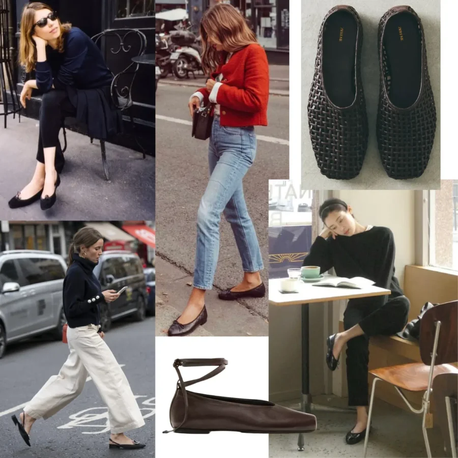 Kollage med kvinnor i flats och ballerinas.