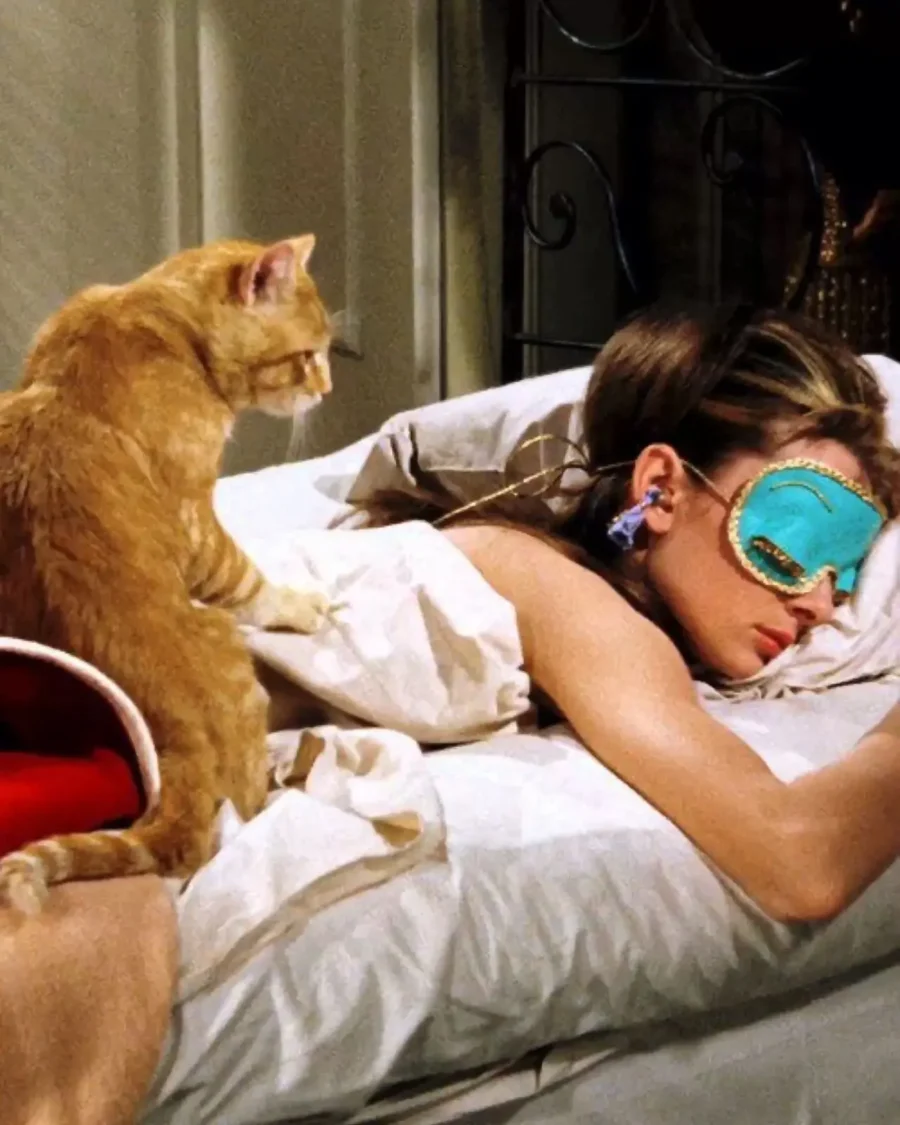 Audrey Hepburn från filmen "Breakfast in Tiffany's". Hon ligger i sängen med sovmask över ögonen och hennes katt sitter bredvid på sängen och tittar när hon sover.