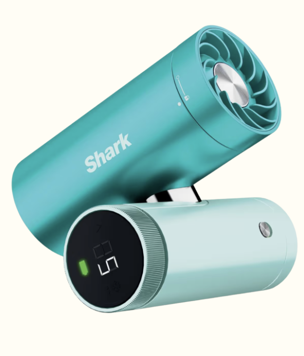Minifläkt i två turkosa toner, en ljus och en mörk.