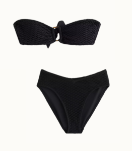 Svart bikini med bandeautopp och breifs med hög midja och skurning för benen.